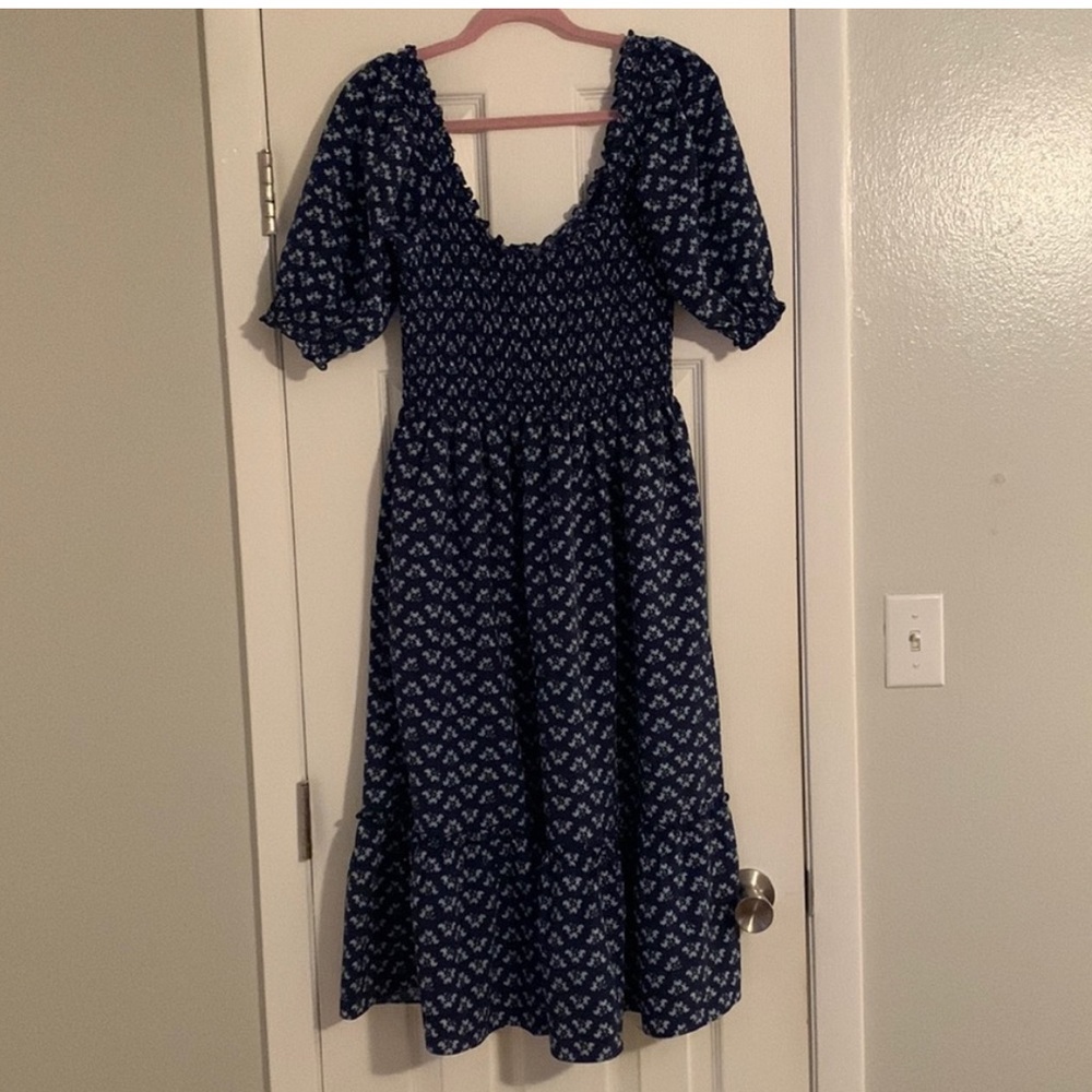 Hill House Louisa Crepe Nap Dress Navy Posy Small